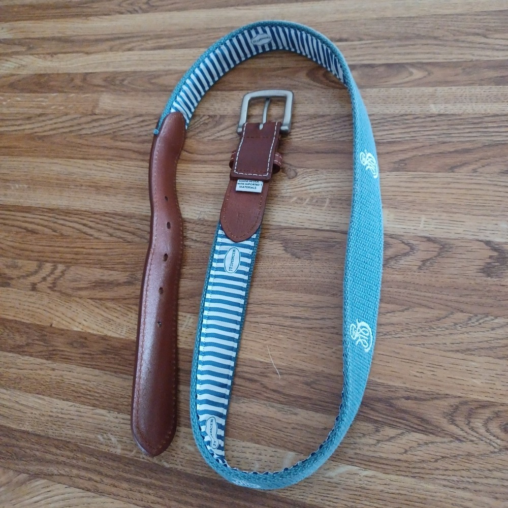 JT SPENCER Embroidered Belt Leather Canvas Brass  Size 38 Light Blue